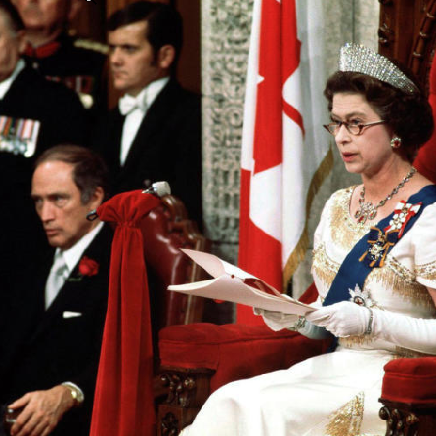 Queen Elizabeth II reads the Throne Speech in the Senate Chambers Oct. 18, 1977, officially opening the session of Parliament. Prime Minister Trudeau sits to the right of the Queen